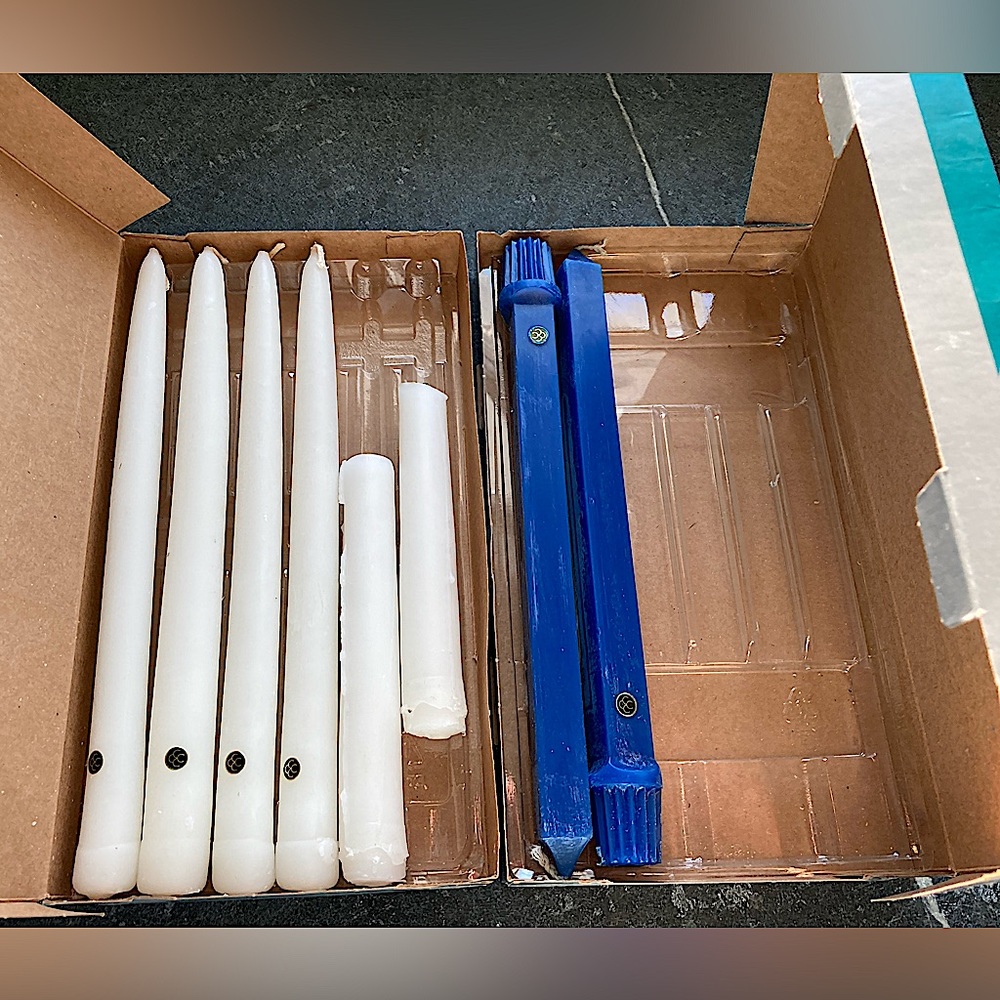 2/$15- PartyLite - 10” White & Royal Blue unscented candlesticks